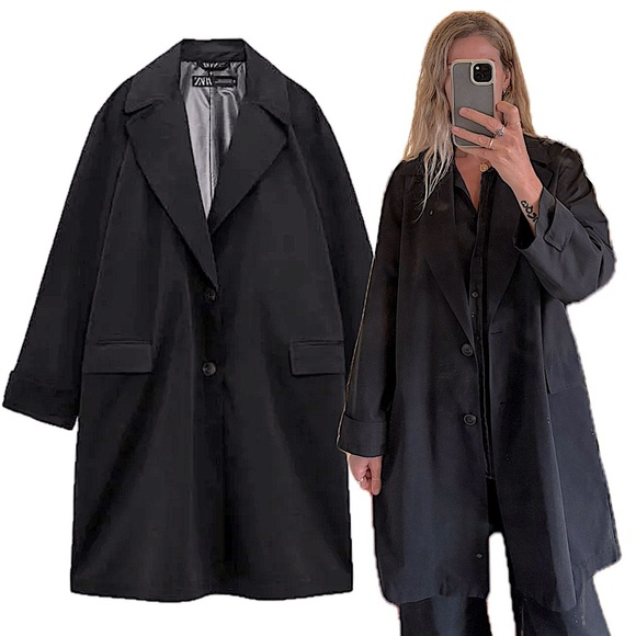 Zara Black Timeless Oversized Trench Coat Jacket Collared Button 80s Inspired - Picture 1 of 12